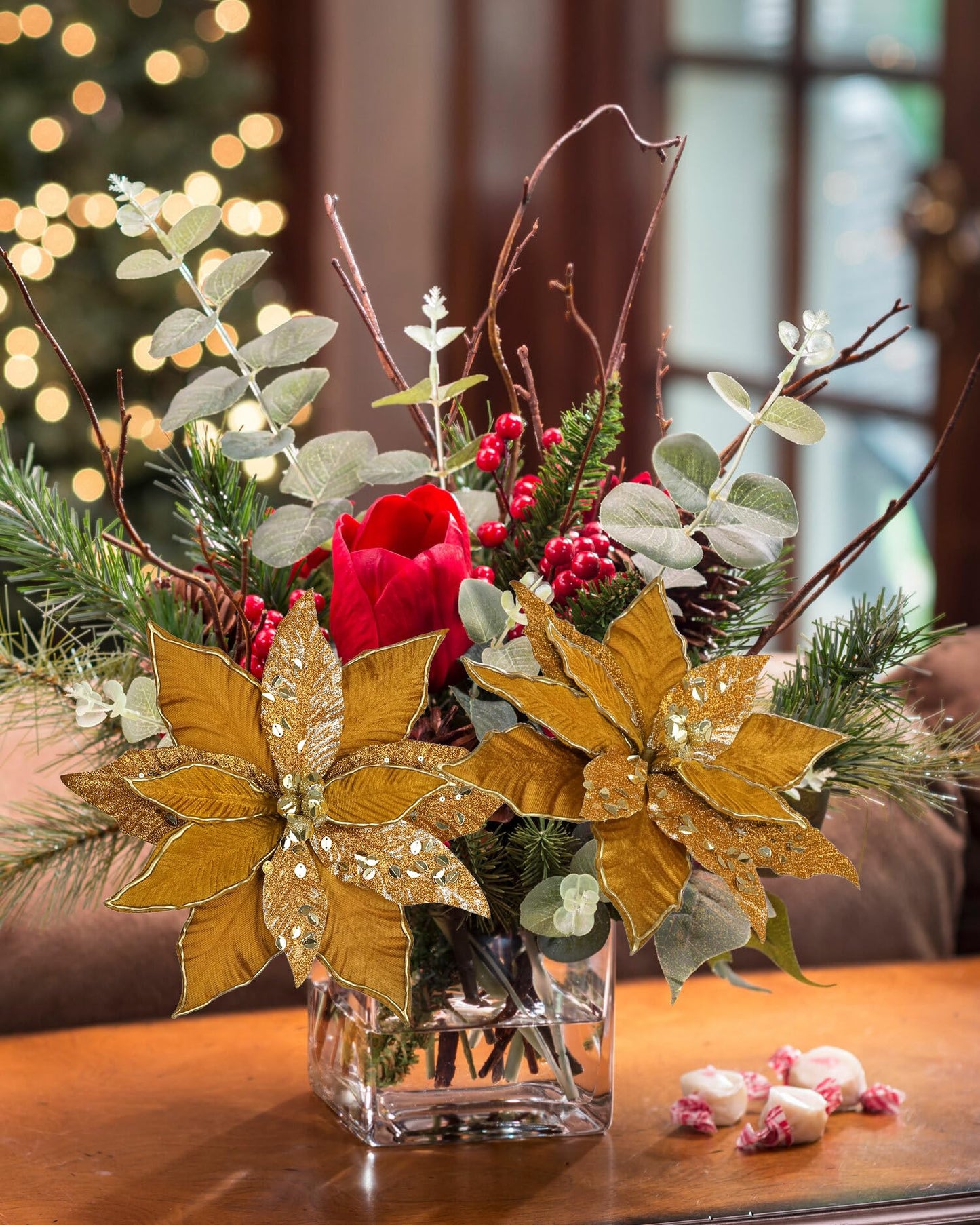 Briful 12'' Large Heads Christmas Glitter Poinsettia Flowers Christmas Tree Ornaments Set of 4 Artificial Flowers with Picks Stems for Xmas Tree Party DIY Holiday Decorations, Chololate