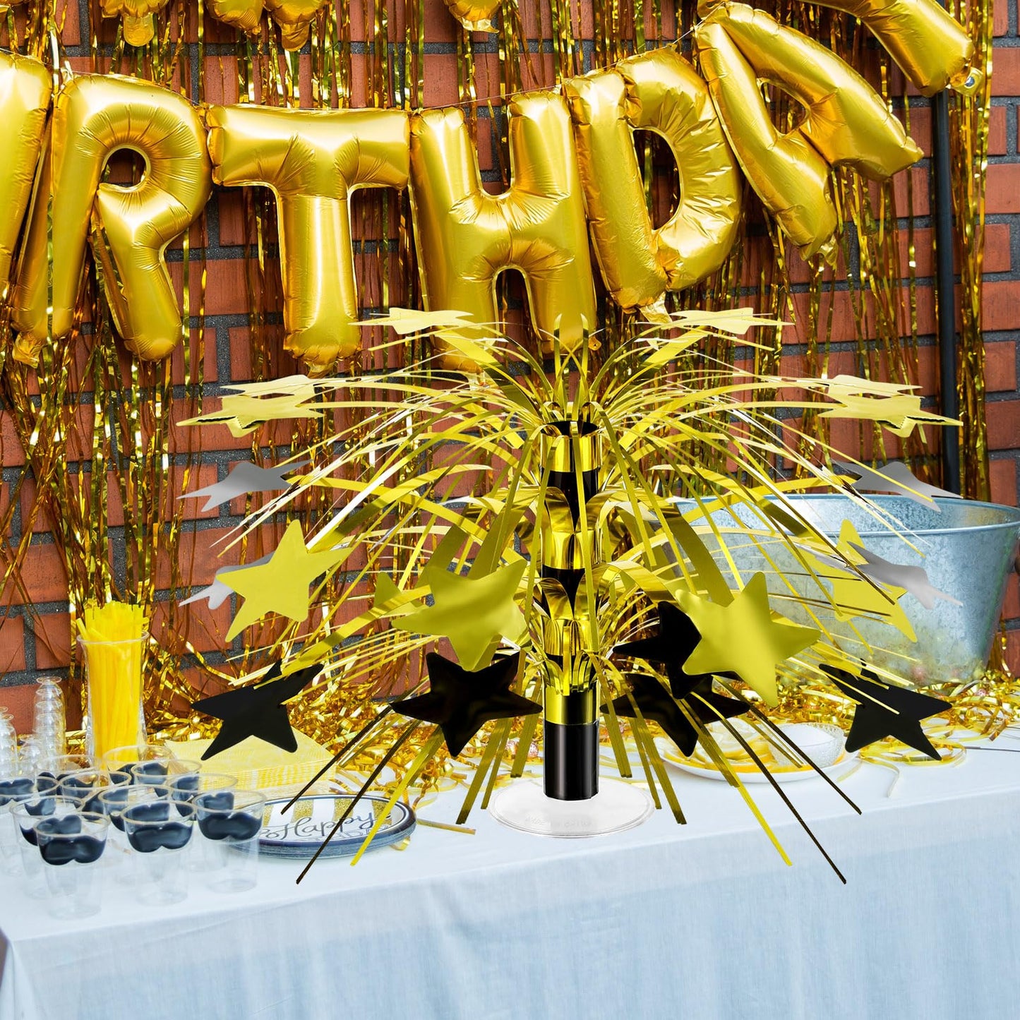 Memorywuu 6 Pcs Black and Gold Centerpieces for Tables Star Party Decorations Metallic Foil Spray Centerpieces for Birthday Event Photo Booth Props, 8.7 Inch Tall