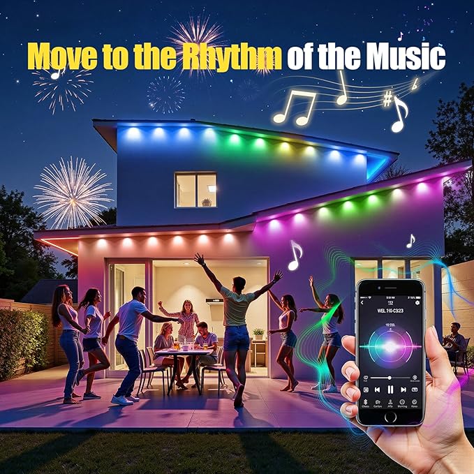 Permanent Outdoor Lights, 200ft RGB+IC Smart LED Eaves Lights, IP67 Waterproof Outdoor Decor with App/Remote Control for Halloween, Christmas, Holiday, Daily, Party