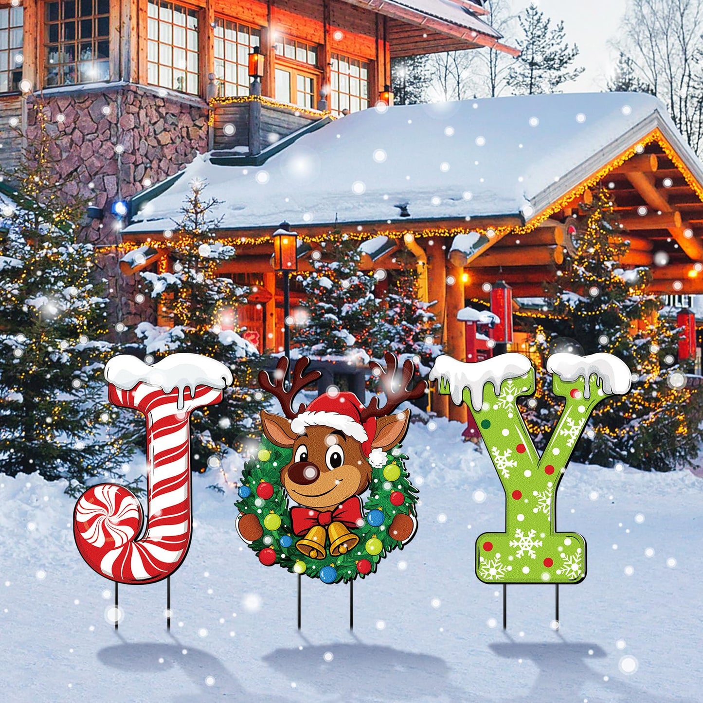 MorningRo 3 Pcs Metal Christmas Joy Yard Signs Outdoor Waterproof Candy Cane Elk Snowflakes Christmas Yard Sign with Stakes for Outside Porch Patio Lawn Garden Pathway Xmas Holiday Winter Decoration