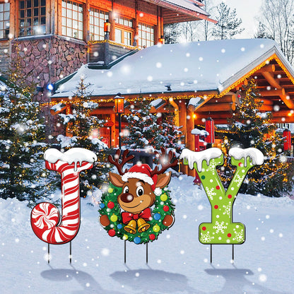 MorningRo 3 Pcs Metal Christmas Joy Yard Signs Outdoor Waterproof Candy Cane Elk Snowflakes Christmas Yard Sign with Stakes for Outside Porch Patio Lawn Garden Pathway Xmas Holiday Winter Decoration