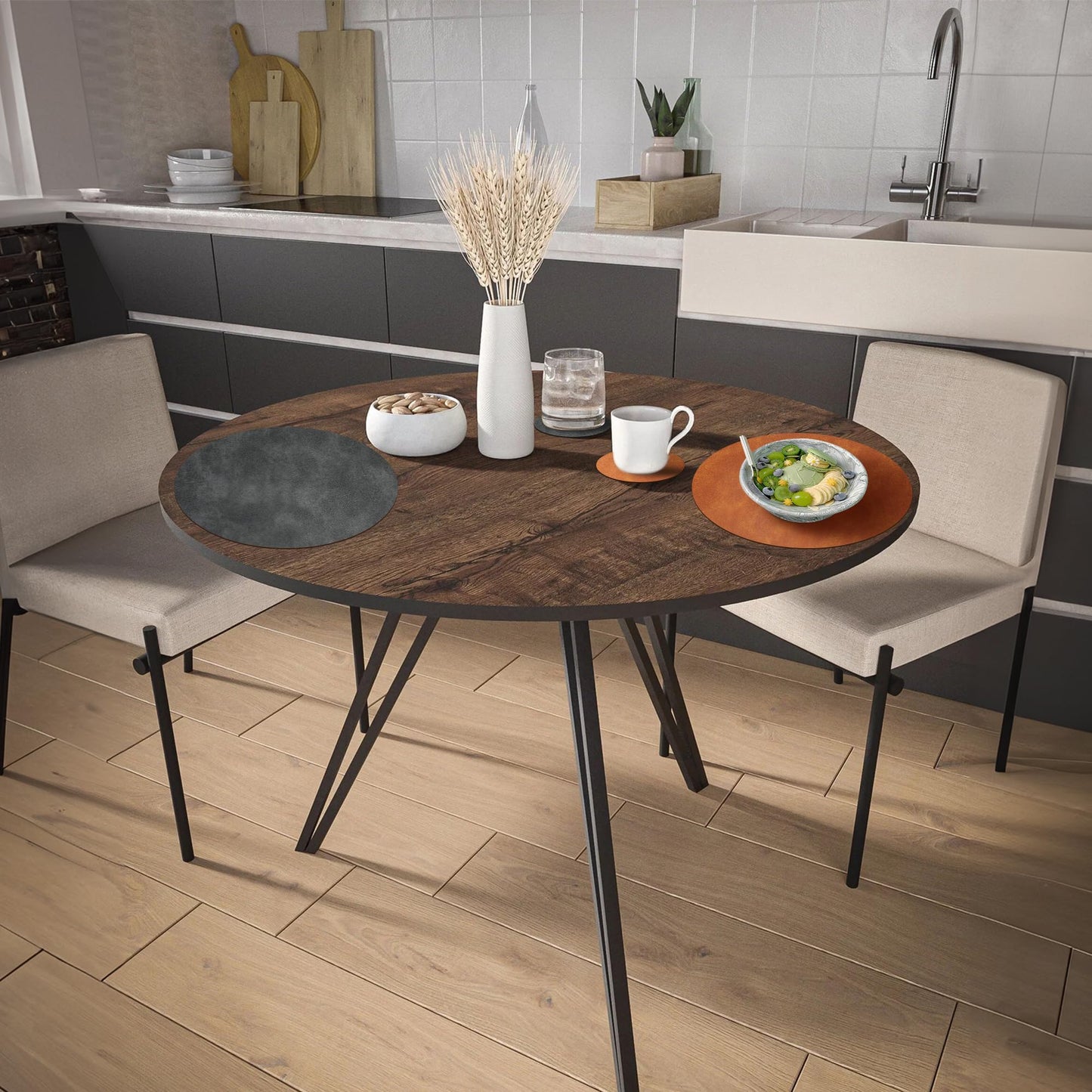 Pixieora Round Placemats and Coasters Set of 8, Washable Reversible Faux Leather Placemats Cowhide Pattern Place Mats Wipeable Non-Slip 15 inch Round Kitchen Dining Table Mats (Gray Brown, 8)