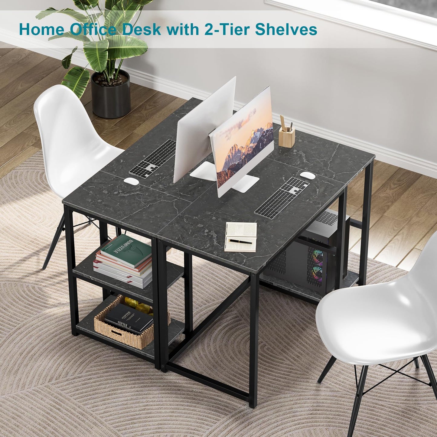 SINPAID Computer Desk 40 inches with 2-Tier Shelves Sturdy Home Office Desks with Large Storage Space Modern Gaming Desk Study Writing Laptop Table, Black Marble