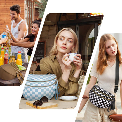 Checkered Crossbody Bag,Nylon Bum Bags for Women Crossbody,Spacious Sling Bag Purse Fanny Packs with Shoulder Strap