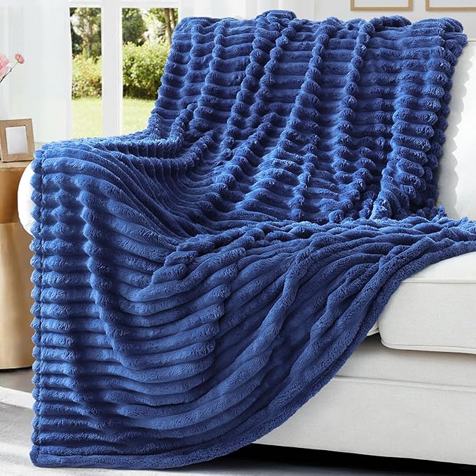 decorUhome Soft Fleece Navy Blue Blanket King Size for Bed, Cozy Fluffy Plush Flannel Large Striped Throws for Couch Sofa, Lightweight Decorative Fuzzy Blanket for Woman, 108x90 Inches