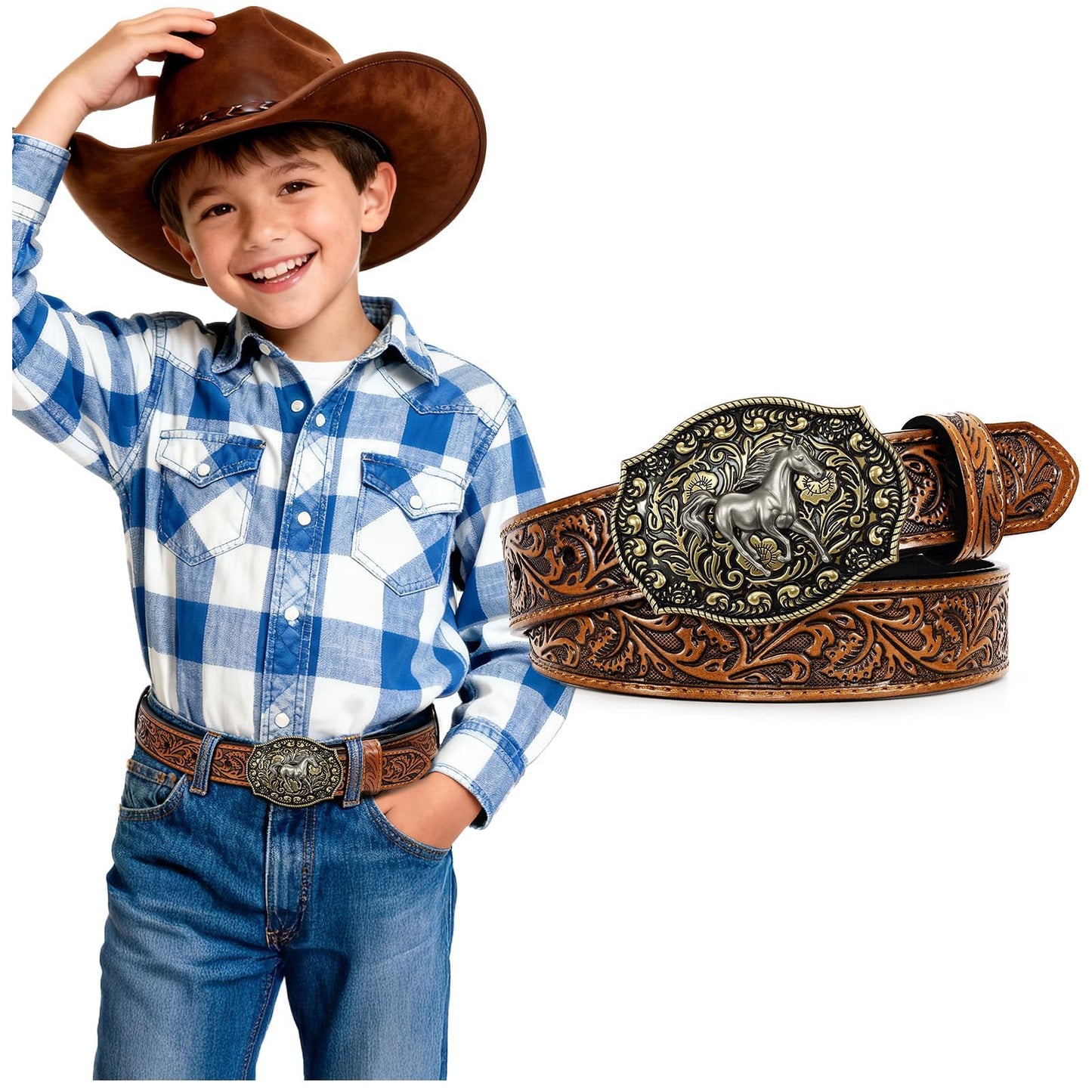 SANSTHS Kids Western Belt for Boys Girls Genuine Leather Cowboy Cowgirl Belts with Detachable Buckle for Jeans Western Gifts, Slivery Horse Buckle/Brown Belt