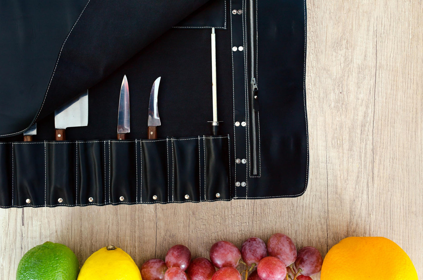 EVERPRIDE Premium Black Leather with Stunning Tawny Wheat Trim, Professional Chef Knife Roll and Bag for Knives, Sturdy Construction Chef Bag, Easy Carry Luxury Knife Case