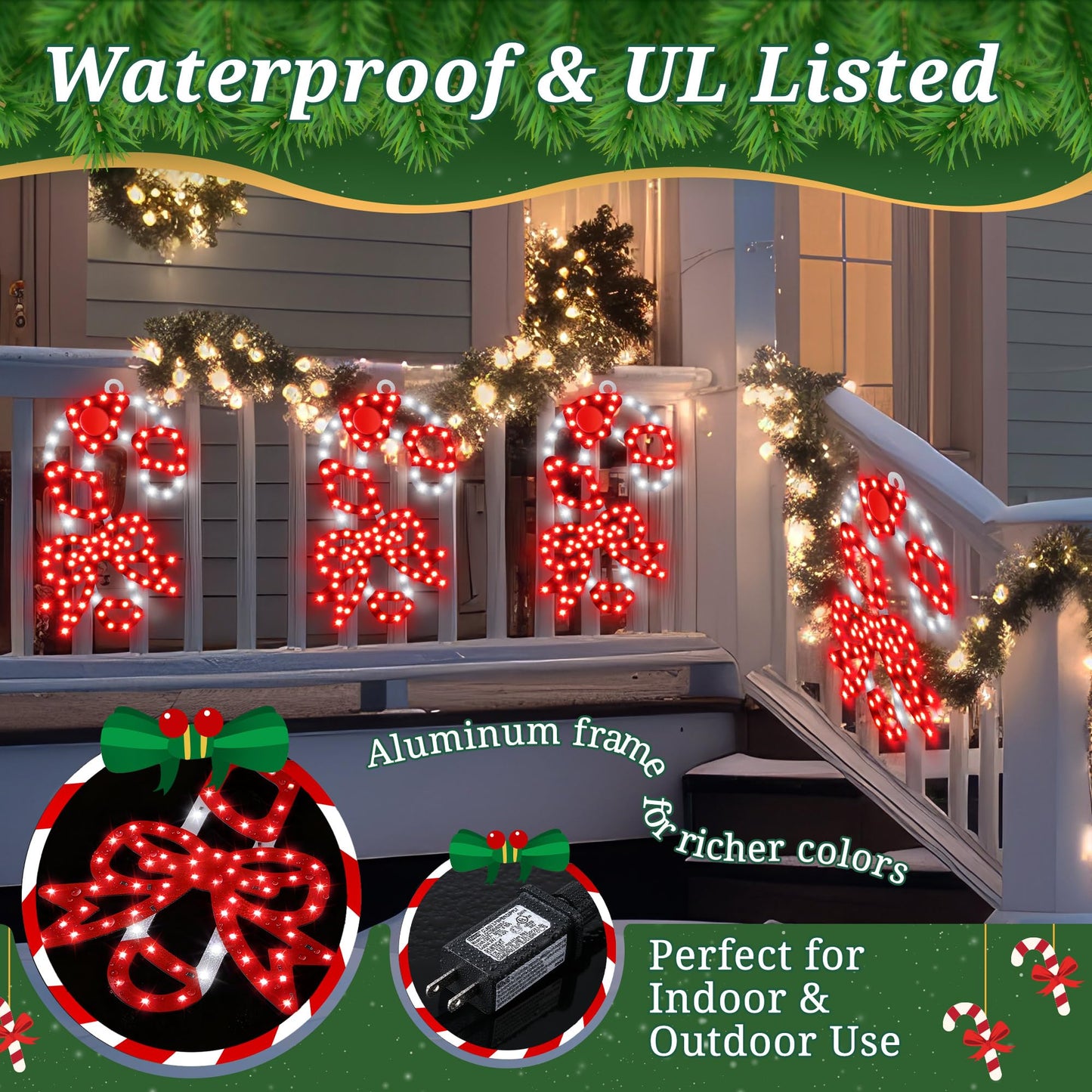 HappyAlley 3 Pack Christmas Window Decorations, 10 in. 300 LED Hi Vibrant Twinkling Lighted Candy Cane Window Light with Bows, Waterproof Outdoor Red and White Candy Cane Decorations for Walls, Porch