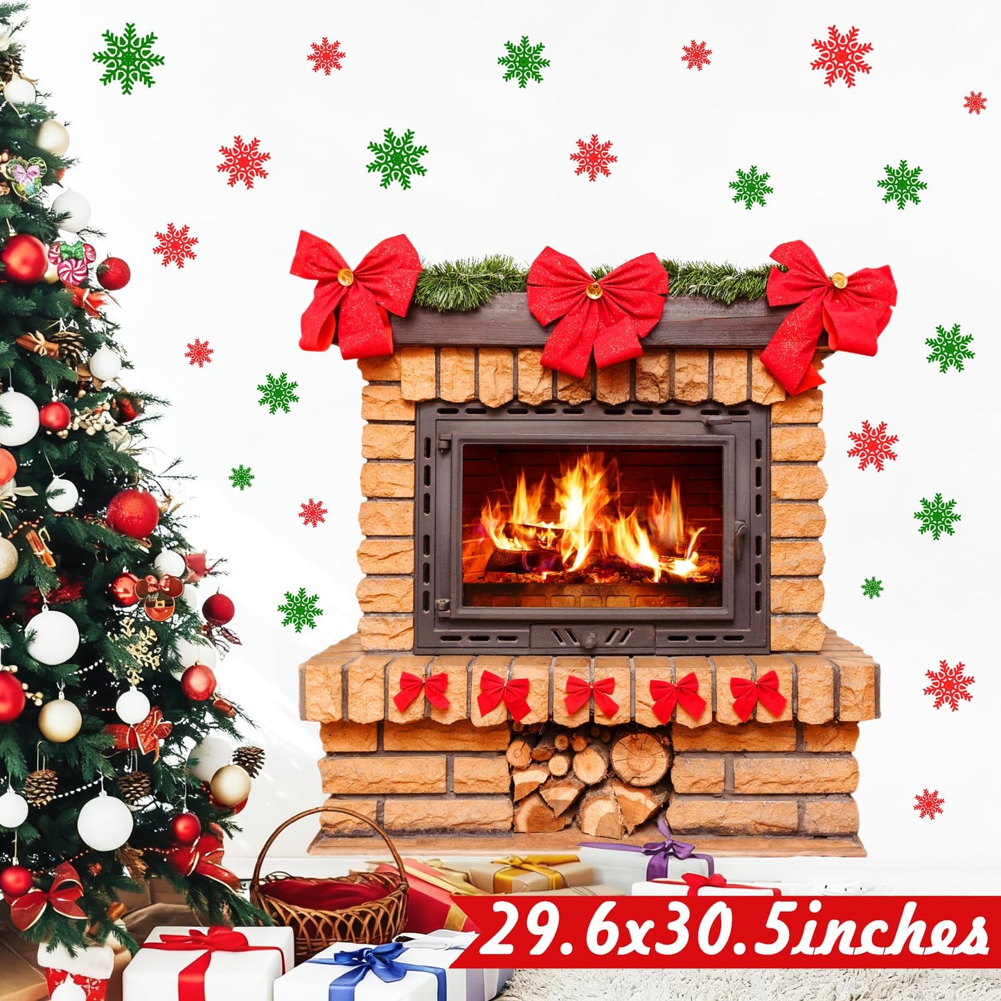 Large Christmas Wall Stickers Christmas Wall Decoration Vinyl Decals Realistic Bow Fireplace Decal for Walls Peel and Stick Indoor Snowflakes Xmas Art Murals for Living Room Holiday Party Supplies