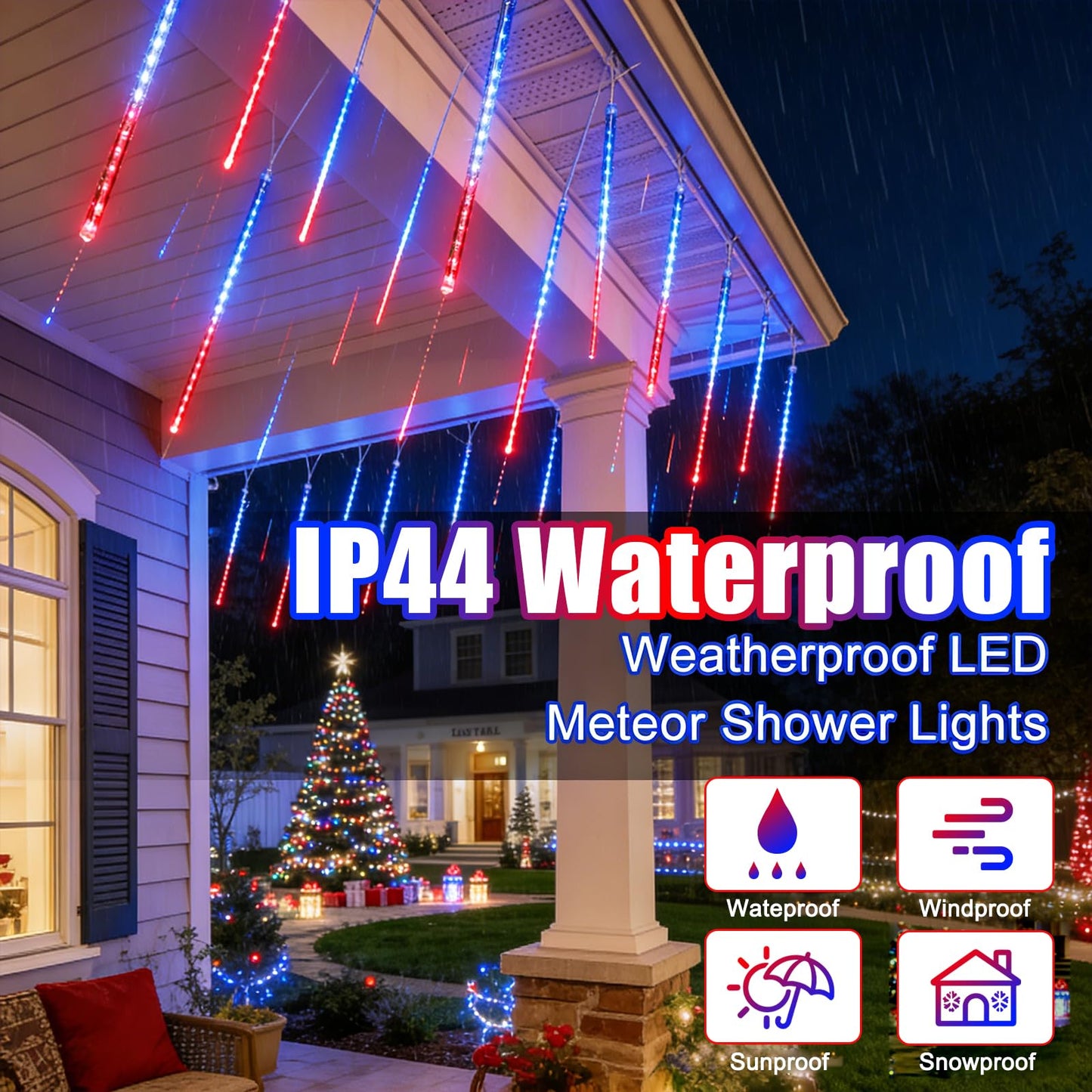 TWINGLEHOME 10 Set 12" 240 LED Meteor Lights with Built-in Connectors – Red, Blue, White for Nation Day