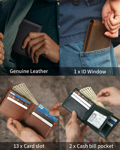 Artpaxy Mens Wallet Genuine Leather Bifold RFID Blocking Wallet for Men with 1 ID Window 13 Card Holders 2 cash pockets 1 Gift Box