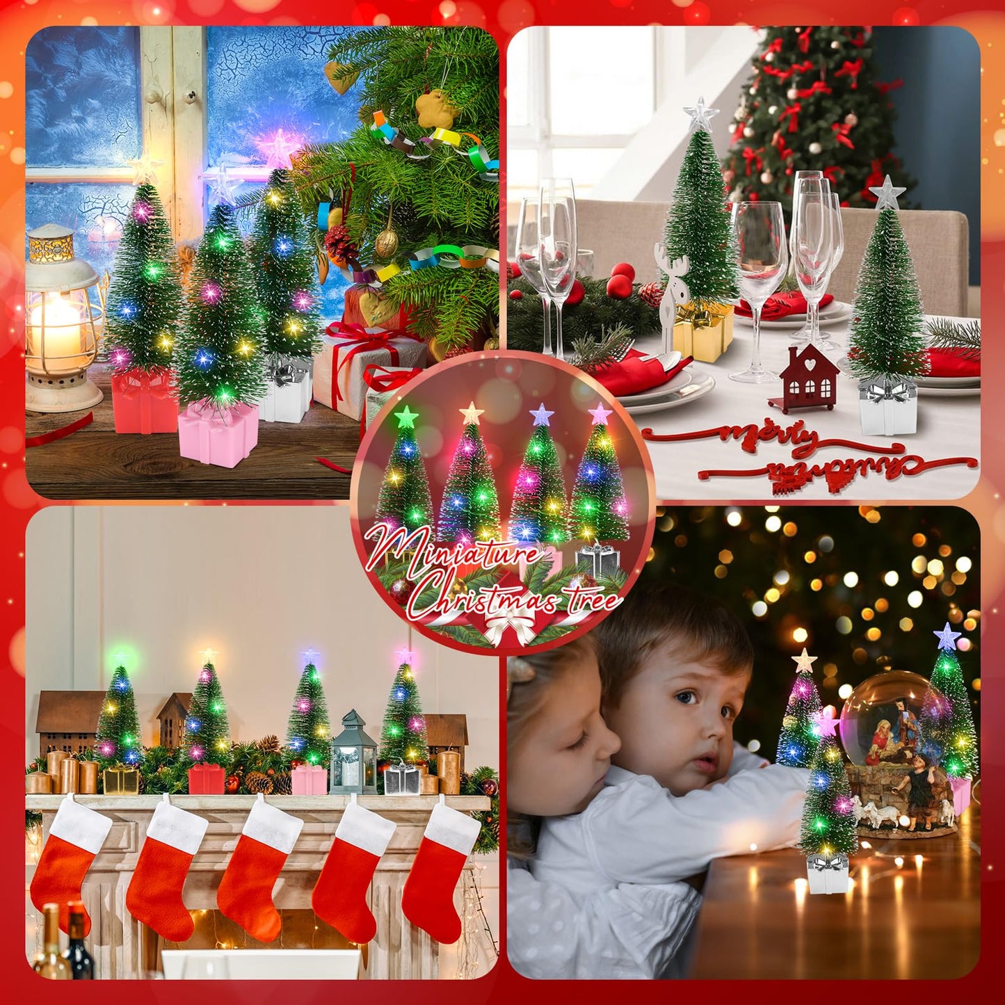 Mini Christmas Tree with Lights, 4 Pack Tabletop Christmas Tree with LED Lights for Indoor Christmas Decorations Holiday Party Ornagment, Christmas Centerpieces for Tables New Year Decoration(4)