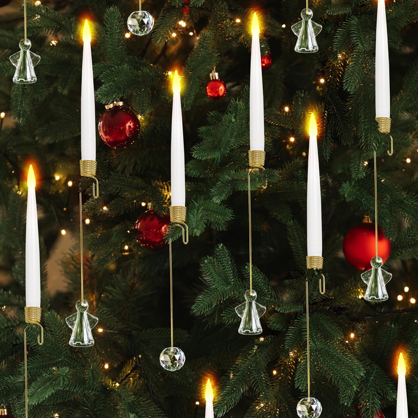 LUSHARBOR Christmas Tree Candles, 10 Pack Flameless Taper Candles for Christmas Tree Decor, Fake LED Candle Battery Operated with Remote for Xmas Wedding Home Gift with Crystal Ball Angel Hook