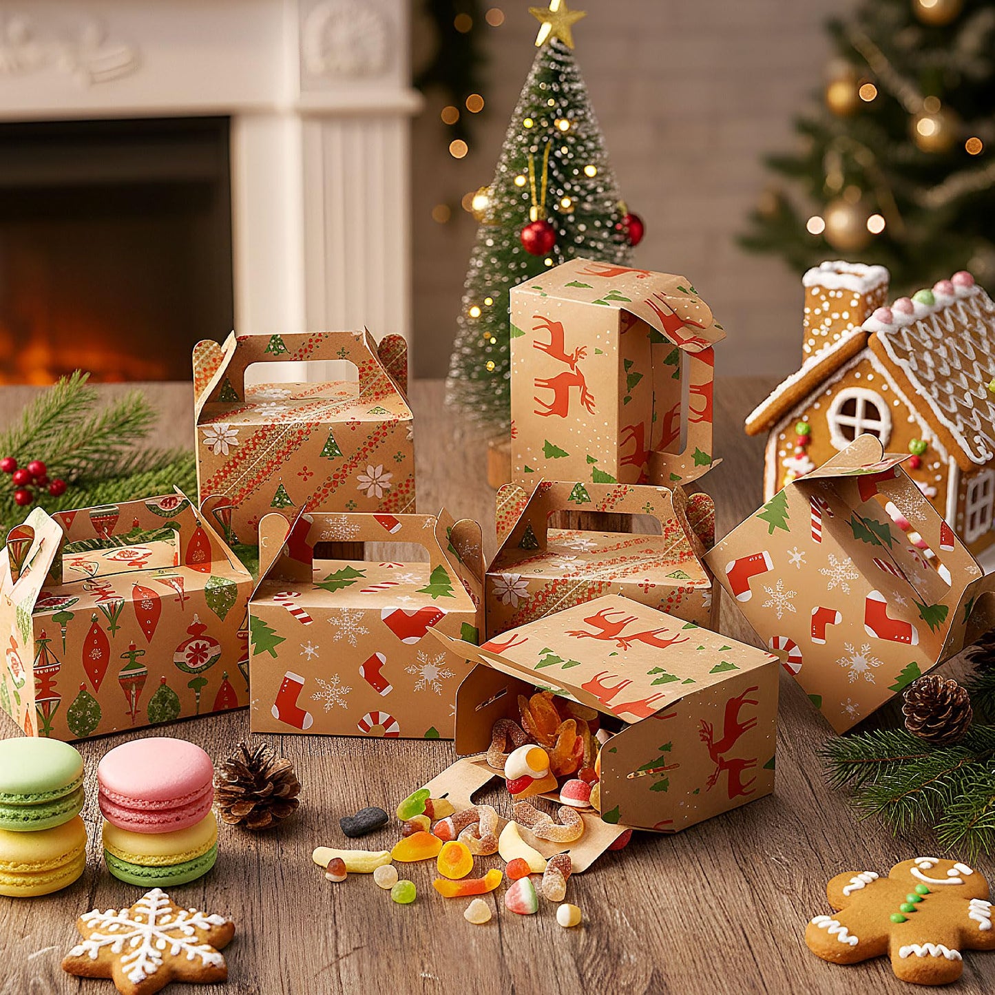 Fuyoooo 36 Pcs Christmas Gift Treat Boxes Xmas Kraft Boxes Holiday Cookies Goodie Candy Box with Handles Red Green Paper Container for Xmas Birthday Party Supplies