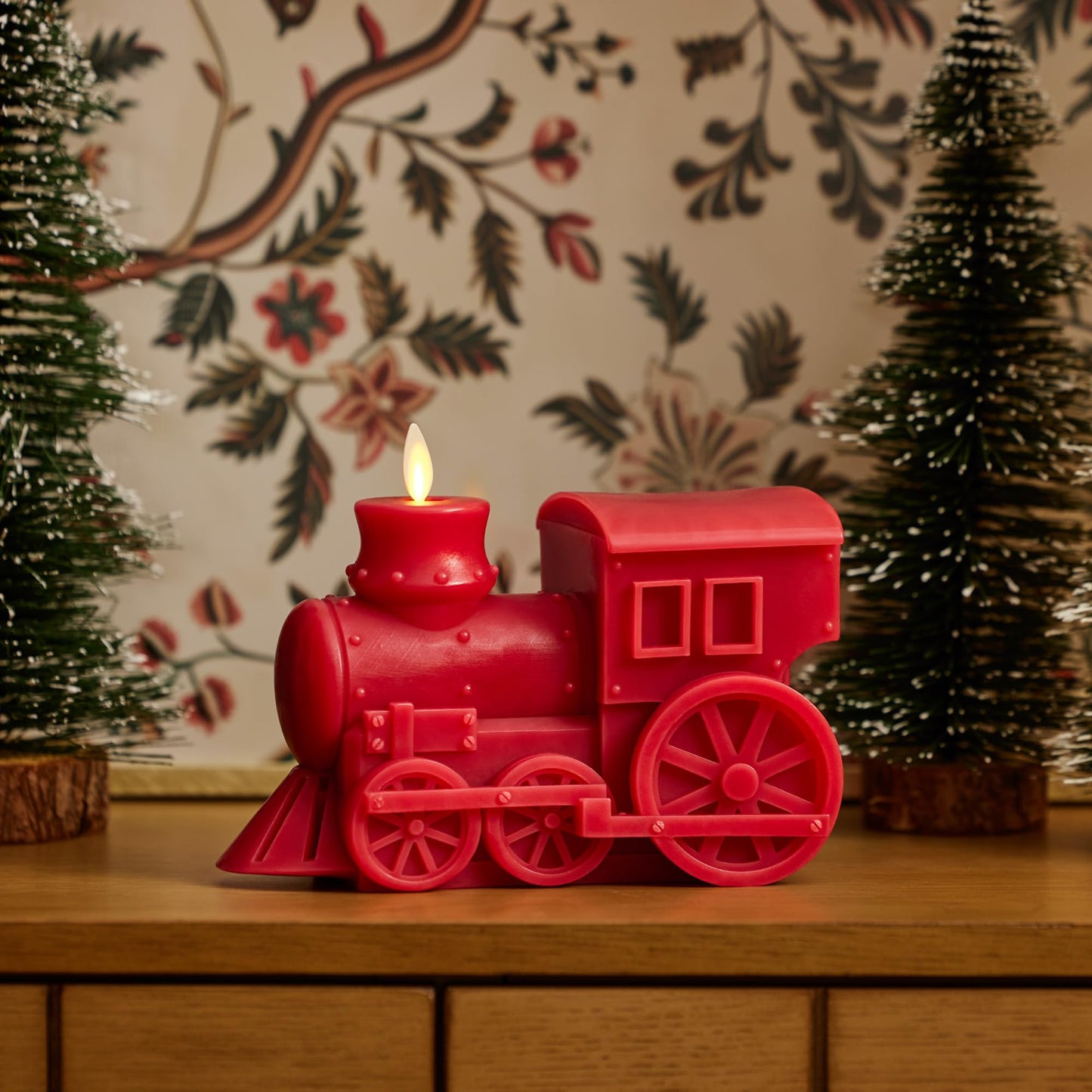 Luminara - Flameless Holiday LED Candle Battery Operated Moving Flame - Red Train - Pack of 1-7.3x5.5x5.5 - Auto Timer Built-in 5-Hour Timer Candle