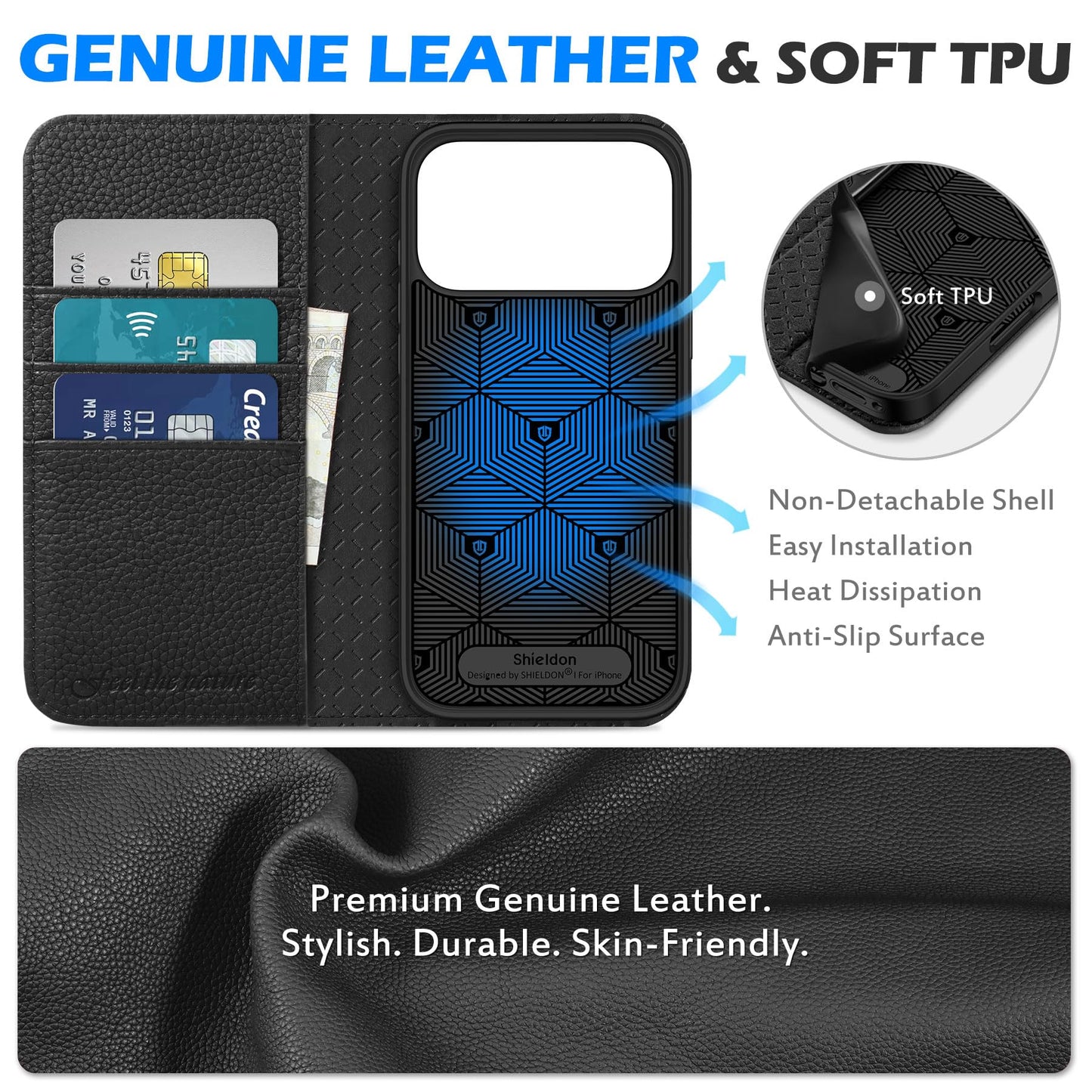 SHIELDON Real Leather Case Wallet for iPhone 17 Pro Max 6.9-inch | Foldable, Kickstand, RFID Blocking Credit Card Slot, Magnetic Closure, TPU Protective Inner Cover 5G 2025 - Pebbled Black