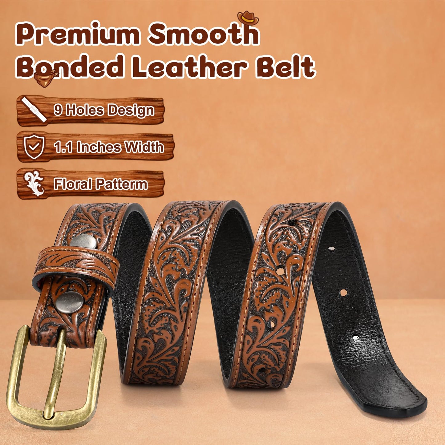 JKEEMI Kids Western Belt, 1.1'' Width Girls Boys Cowboy Leather Belt with Vintage Buckle & Floral Curved - for Jeans Dresses