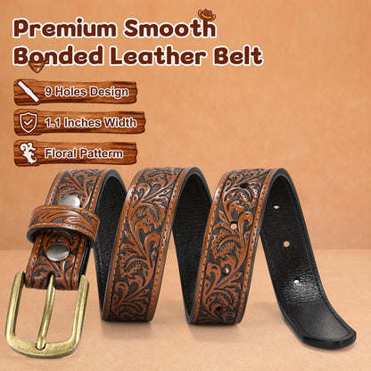 JKEEMI Kids Western Belt, 1.1'' Width Girls Boys Cowboy Leather Belt with Vintage Buckle & Floral Curved - for Jeans Dresses