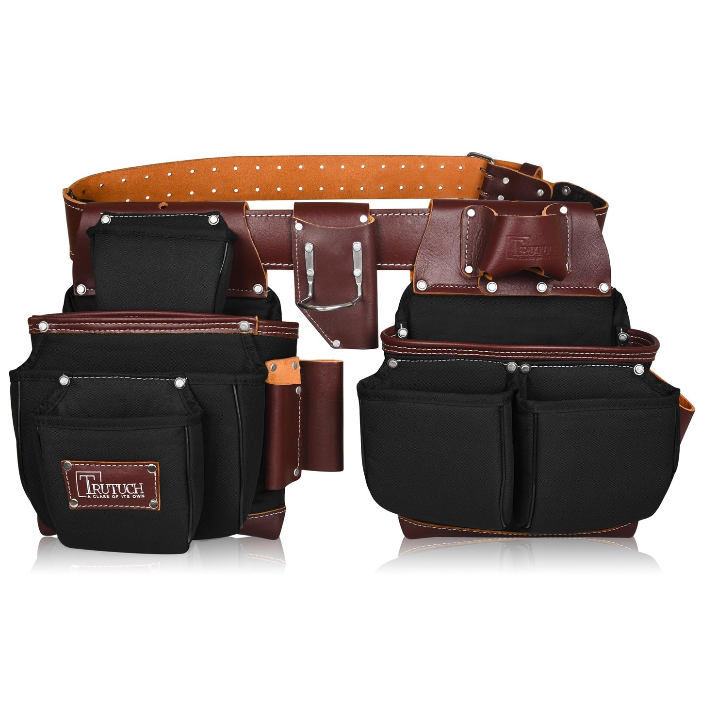 TRUTUCH Nylon and Leather Tool Belt | Framing Tool Bags | Nylon Tool Pouch | Carpenter Tool Belts | Construction | Framers | Electrician Tool Belt (Black)