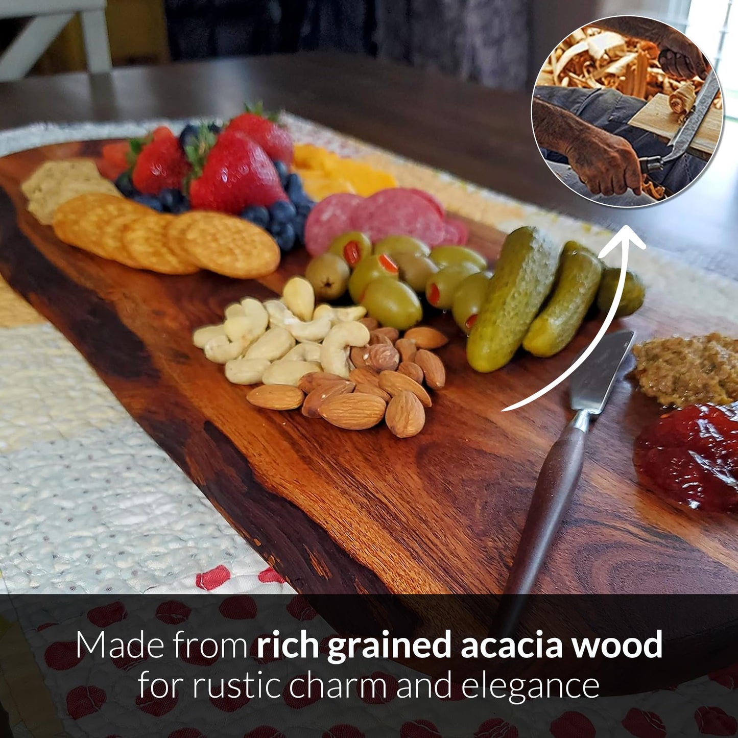 Acacia Charcuterie Board with Natural Live Edge & Round Handle - Wood Cheese Board - Decorative Wooden Serving & Cutting Board - Housewarming, Mothers Day, New Home & Wedding Gifts (XL - 24” x 10”)