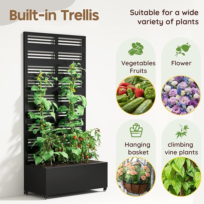 Metal Raised Garden Bed with Trellis & Wheels,72" x 35"x 15.7" Planter Box with Trellis,Privacy Planters for Patio,Garden Bed for Climbing Plants,Suitable for Climbing Plants and Vegetables,Black
