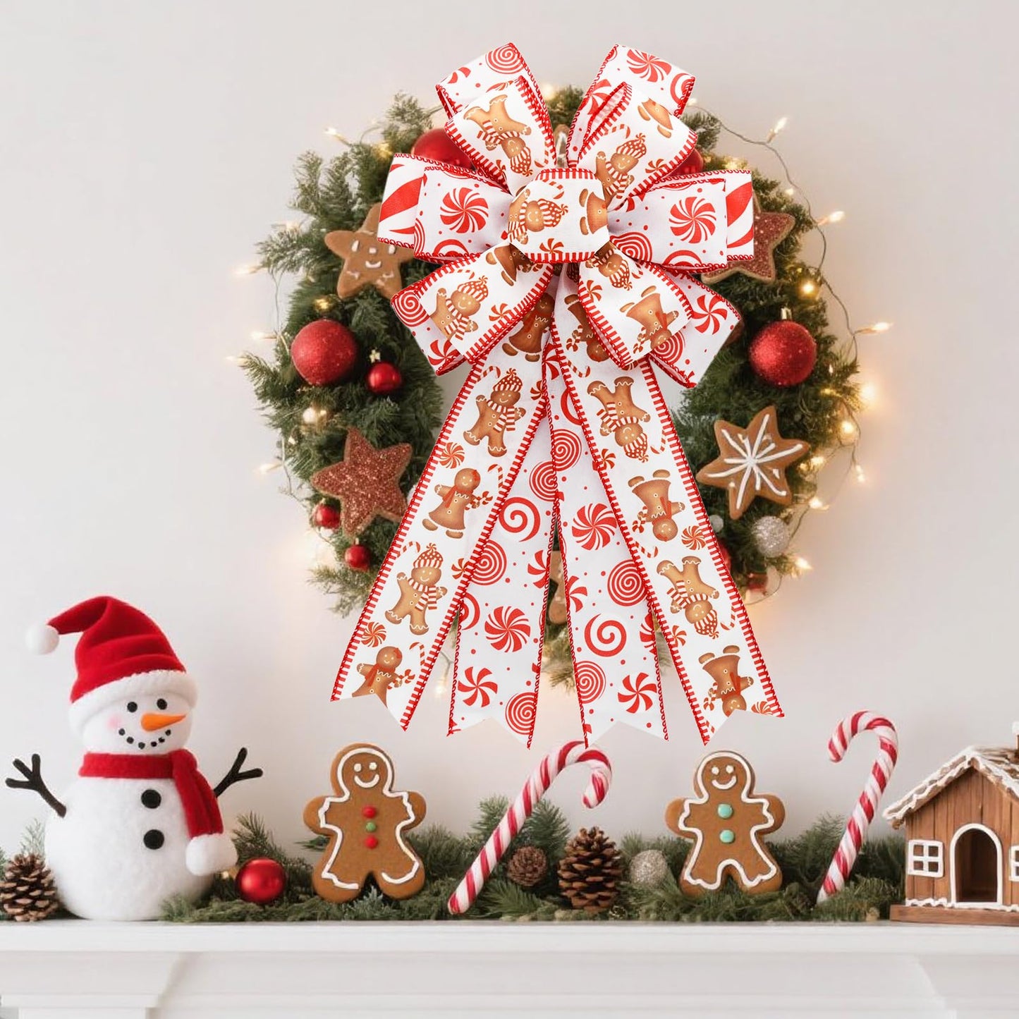 CRAFLOX Christmas Gingerbread Wired Ribbon for Wreath Bows, 3 Rolls, 2.5″ Wide, 15 Yards Total, Red Gingerbread Candy Wired Ribbon for Crafts Supplies, DIY Bows