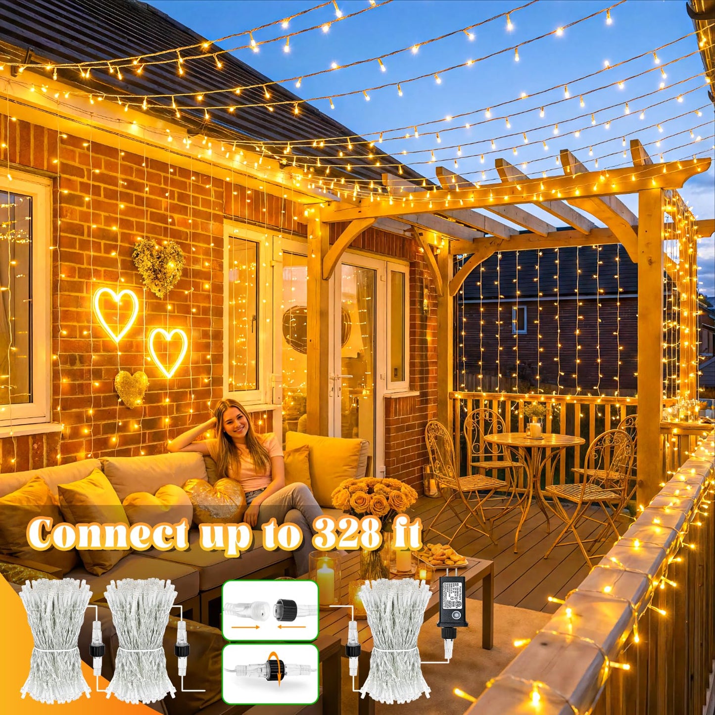Nielfoi 66FT 200 LED Outdoor String Lights, Plug in Connectable Christmas Lights Indoor, Waterproof 8 Modes String Lights for Outside Bedroom Garden Yard Wedding Party Decorations, Warm White