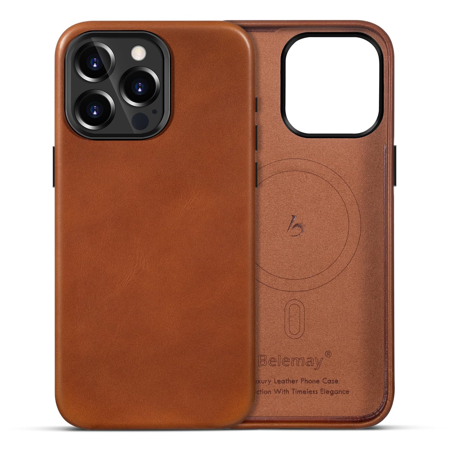 Belemay for iPhone 13 Pro Max Leather Case Compatible with MagSafe, Full-Grain Vegetable-Tanned Leather, Metal Buttons & Camera Bezel - Slim Fit&Sleek- Luxury Phone Cover (6.7-inch)-Saddle Brown