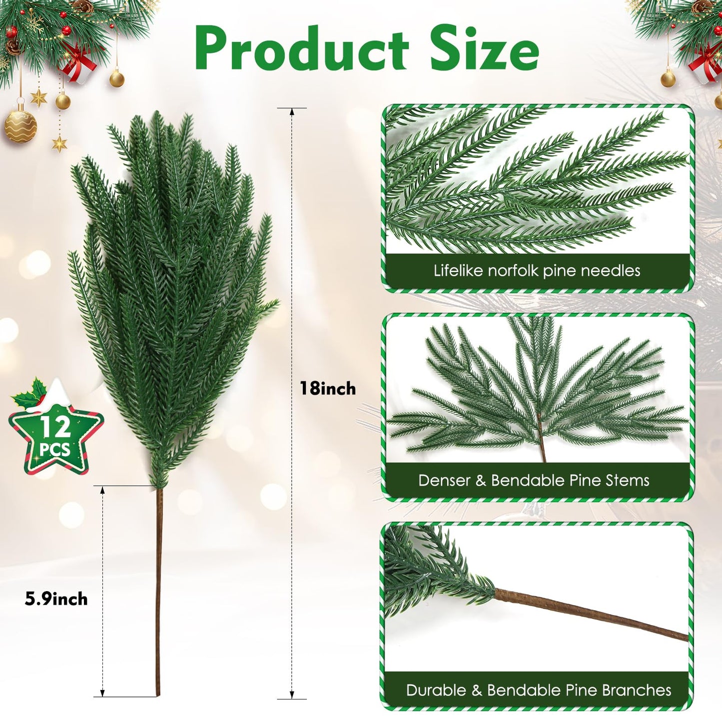 18" Real Touch Norfolk Pine Stems for Christmas Decoration, Artificial Pine Branches Greenery Stems for Vase, Christmas Picks for Xmas Tree,Wreath,Table,Planter,DIY Home Decor (12 Pcs Pine Branches)