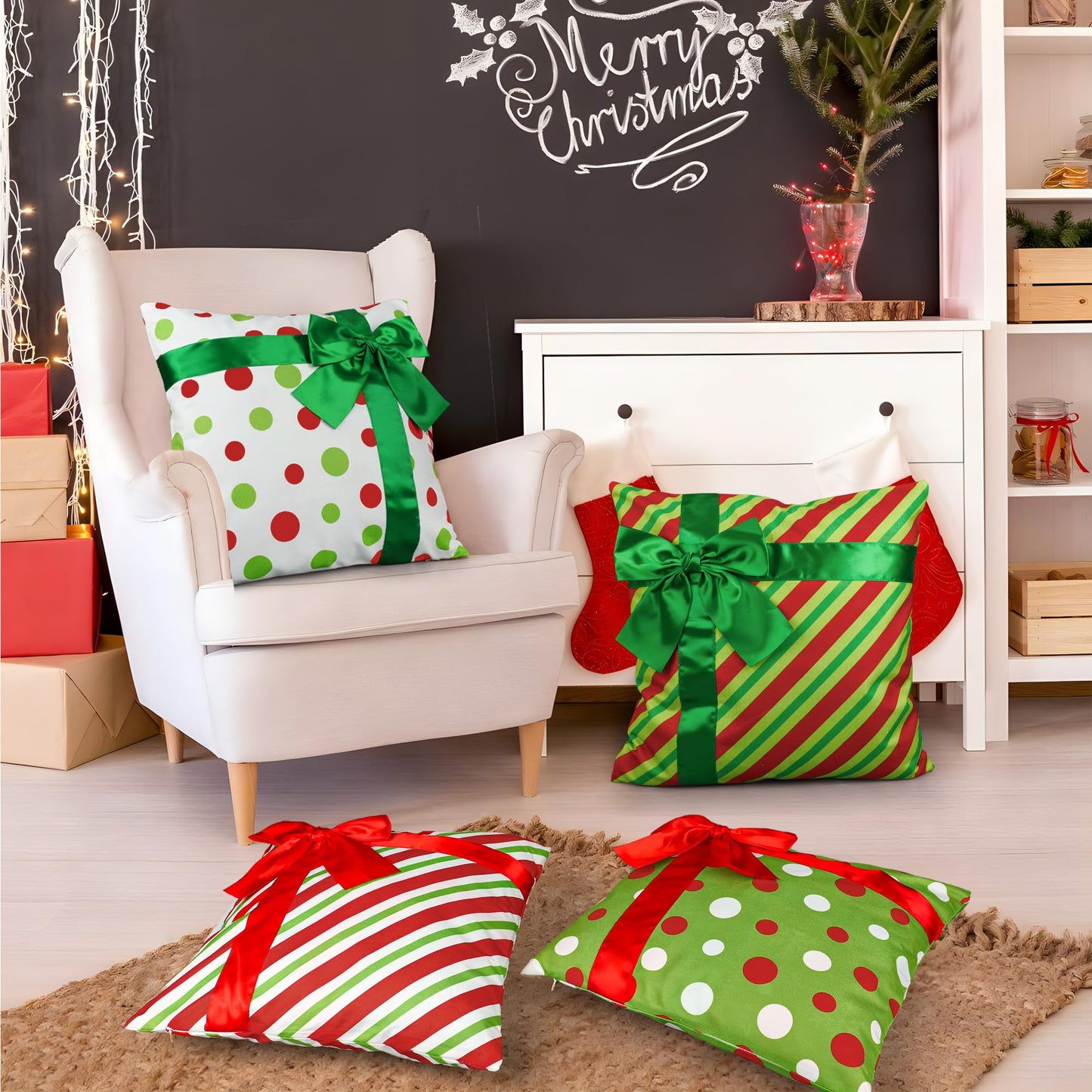 peony man Christmas Pillow Covers 18 x 18 Inch 3D Bows Throw Pillow Cases Outdoor Christmas Red Green Dot Stripe Decorative Cushion Covers for Sofa Couch Winter Holiday Decoration, Set of 4