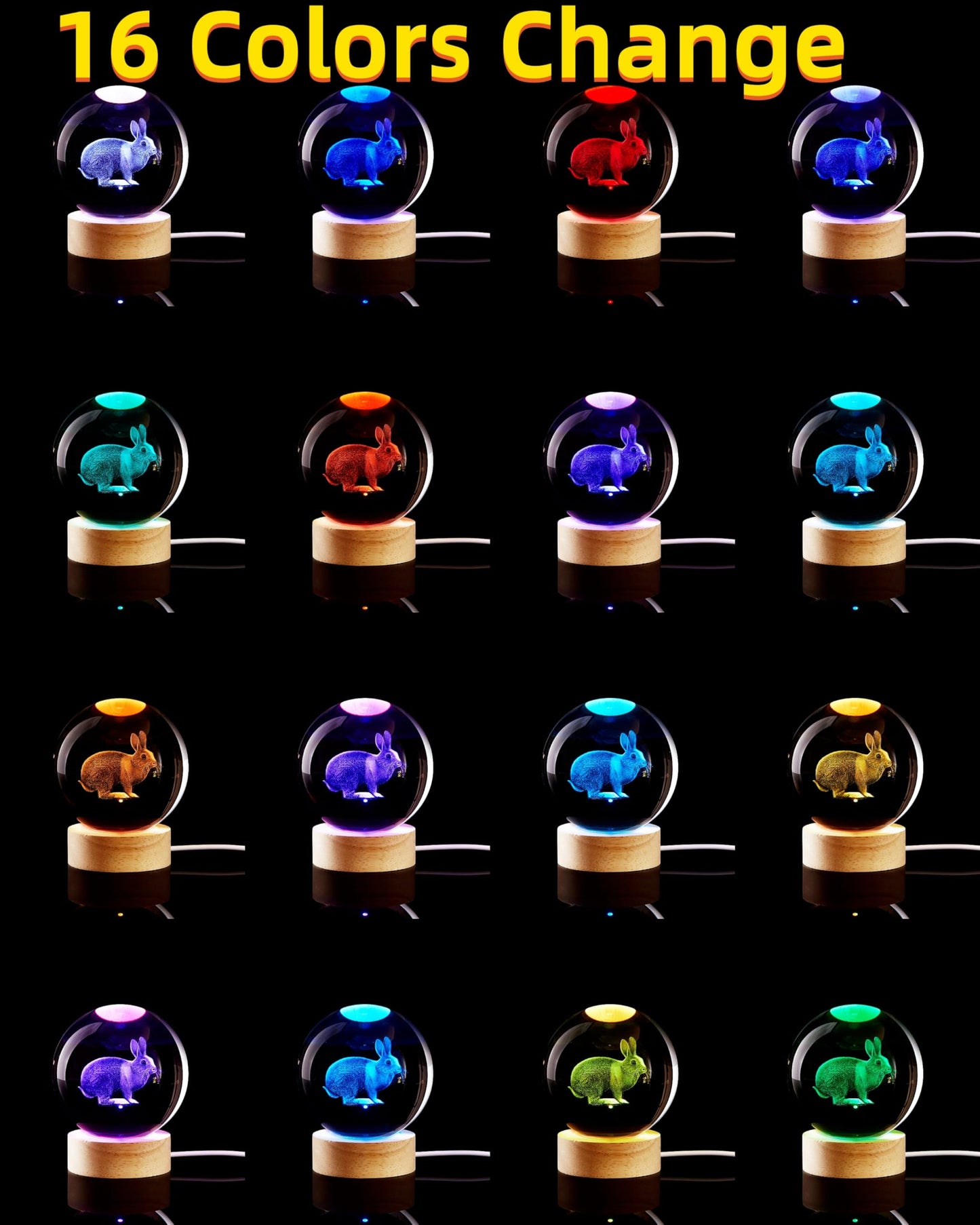 3D Crystal Ball Lamp with Lifelike LED Rabbit, 16 Color Changing Light, Dimmable Remote Control
