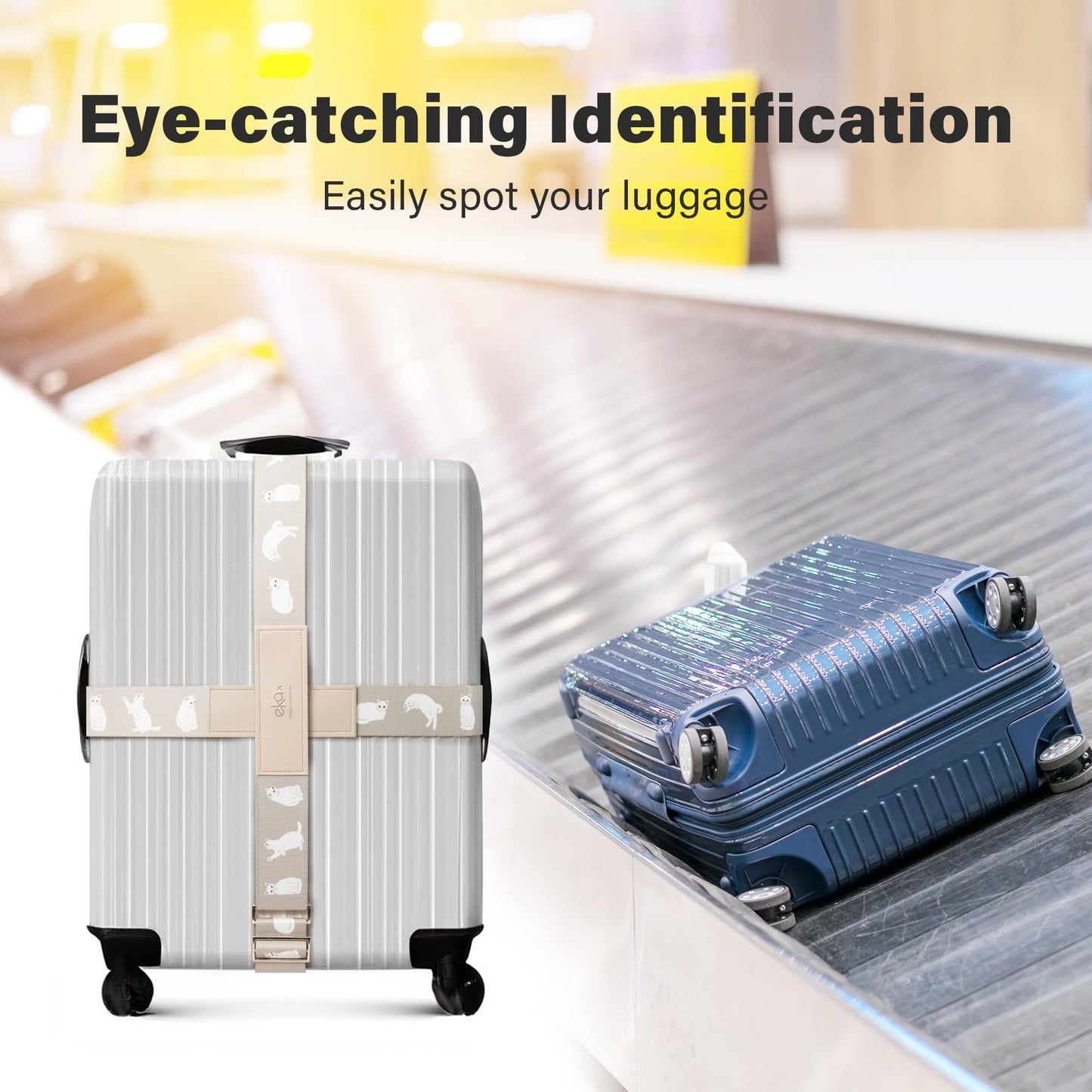 Luggage Straps for Suitcases,Adjustable Luggage Elastic Belt, Travel Essentials for Airport,Station, Vibrant Designs, White Cat
