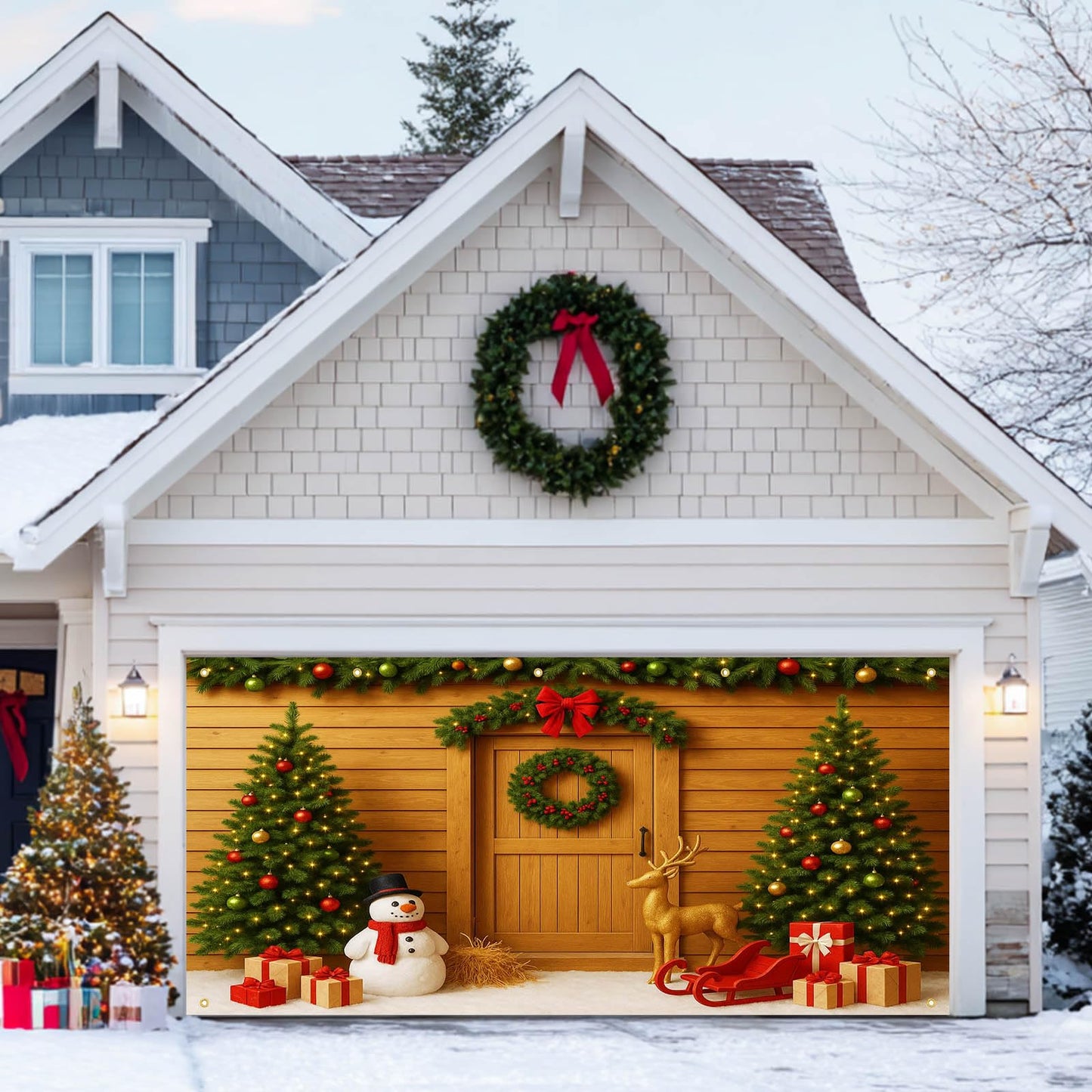 HOMETITUTE Christmas Garage Door Banner 13x6ft Christmas Trees Snowman Theme Backdrop Seasonal Christmas Decor Winter Door Cover Banners for Outside Garage Wall Covering for Party Garage
