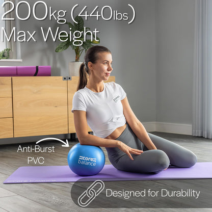 Core Balance Pilates Ball 9 Inch Anti Burst With Inflation Tube - Mini Exercise Ball for Physical Therapy, Yoga, Barre, Stretching and Core Stability Workout (Blue)