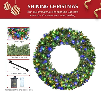 HOYECHI 72in Pre-Lit Christmas Wreath - with 360 Colorful LED Lights, 1160 PVC Tips, Timer, Remote & Hook, Large Outdoor Holiday Decor for Front Door, Wall, Garage, Power Plug-in