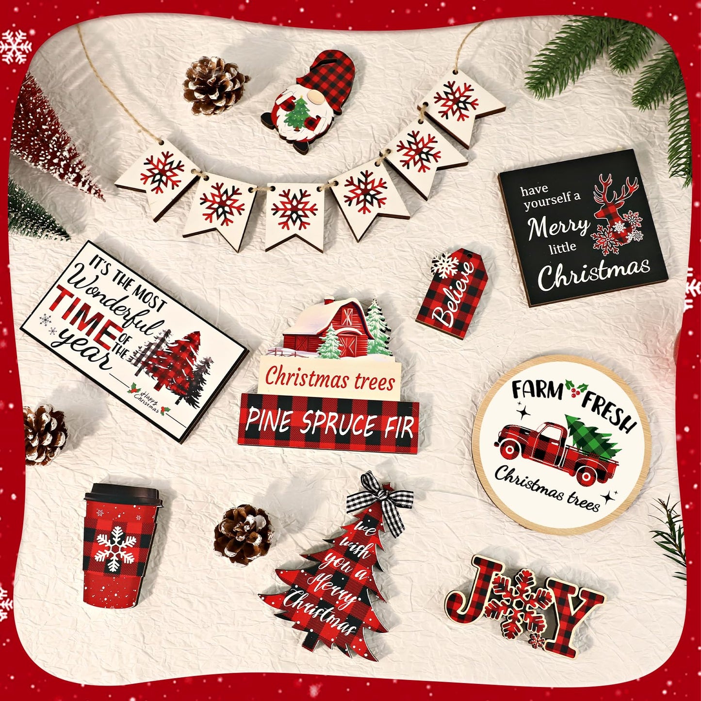 20 Pcs Christmas Tiered Tray Decor - Christmas Decorations Indoor Table Centerpieces Red and Black Buffalo Plaid Tray Decor with Snowflake, Xmas Tree, Gnome Wooden Signs for Home Shelf Decor