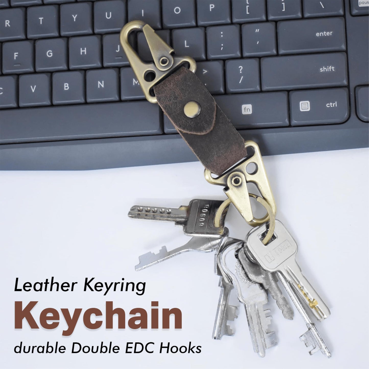 TheAntiq Genuine Leather Car Keychain - Handmade Key Holder with Dual Metal Clips, Durable Key Organizer for Car Keys, Belt, Bag & Everyday Carry (Brown)