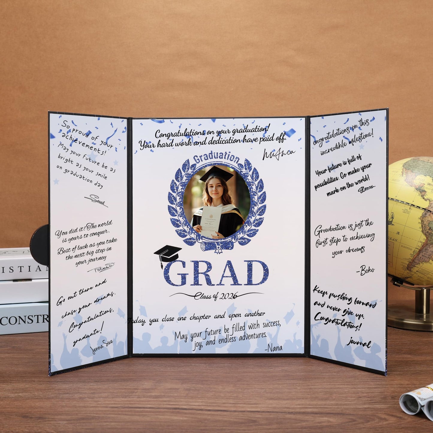 Forwe Graduation Guest Book 2026, Graduation Signature Board Sign in Book with Picture Frame for 4x6 Photo, Class of 2026 Graduation Party Decorations (Black&Blue)