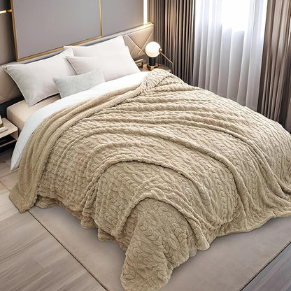 PHF Fluffy Sherpa Blanket Twin Size for Winter, Warm and Soft, 510GSM 3D Jacquard Thick Shaggy Fleece Plush Blanket for Sofa Bed, Khaki, 60"x80"
