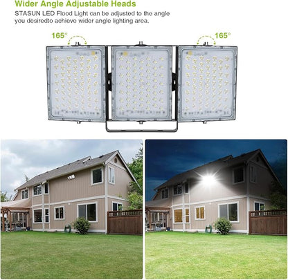 STASUN Flying Series Pro 300W 30000LM Outdoor LED Flood Light, 110V-130V, IP66 Waterproof, 6000K White, 3 Adjustable Heads for Stadium, Arena, Court, Commercial, Backyard, Street, and Parking Lot