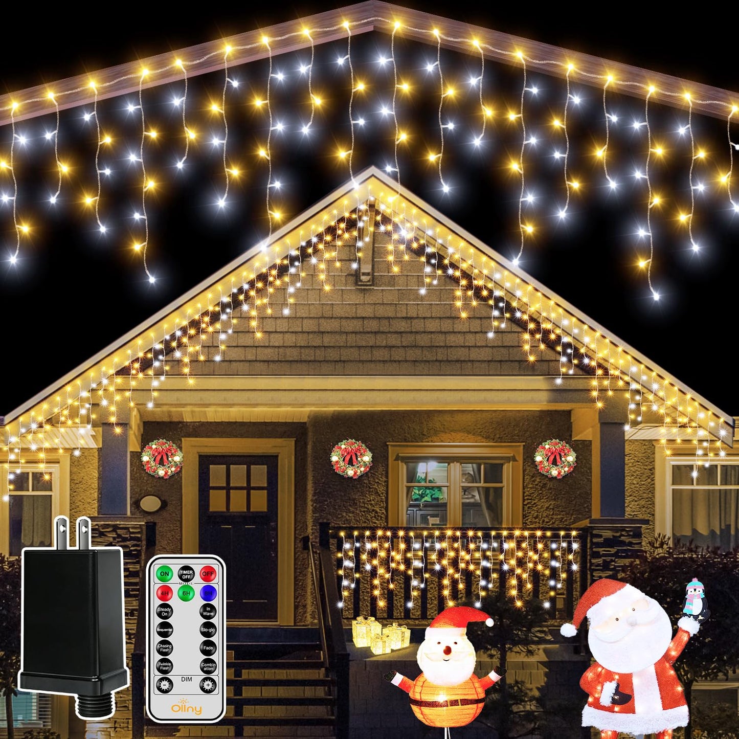 Ollny Icicle Lights for Outside 504LED 41FT, Warm and Cool White Christmas Light with Remote 8Modes Timers Waterproof, Plug in Connectable Hanging Lights for Outdoor Indoor House Roof Holiday