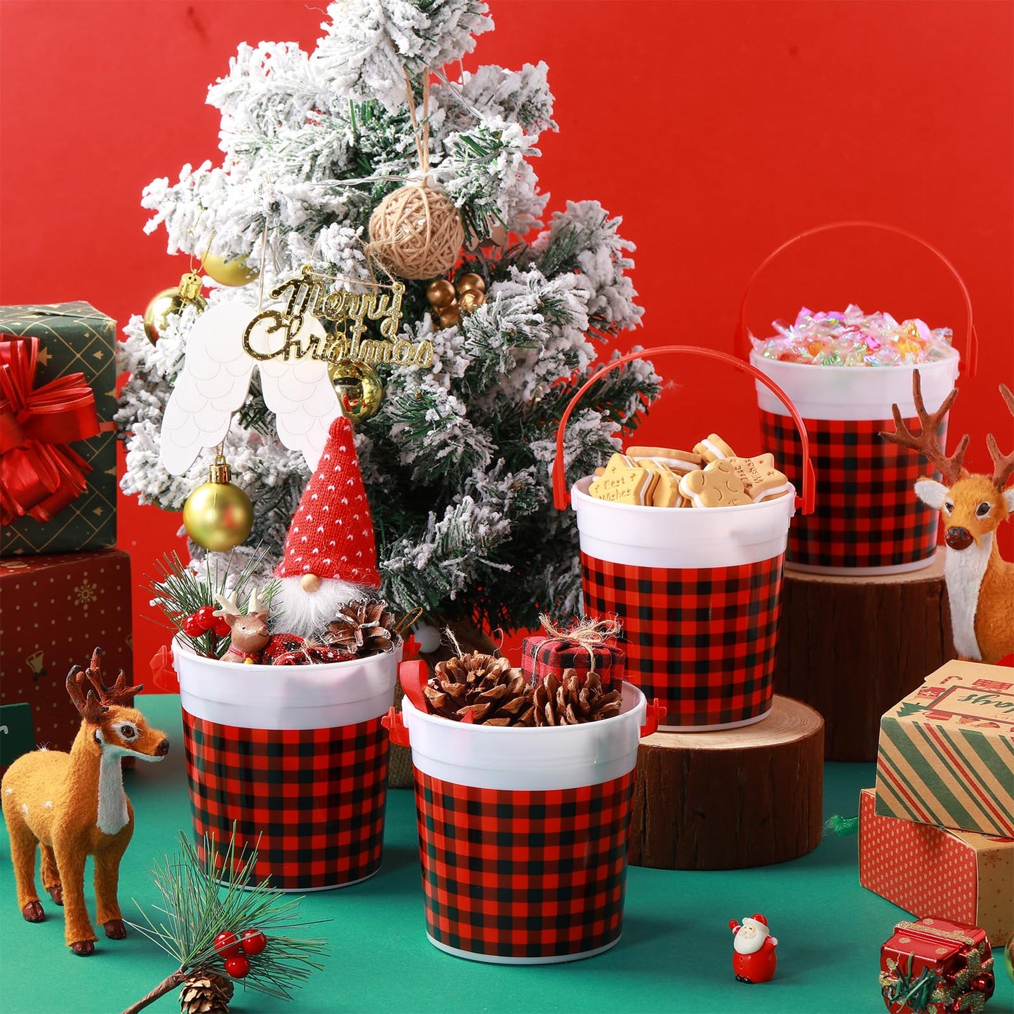 Yiyiring 12 Pcs Christmas Plastic Bucket with Handle 4.69 x 3.78 x 4.8 Inch Treats Storage Pails 32 oz Red and Black Buffalo Plaid Candy Bucket for Xmas Winter Holidays Party Favors