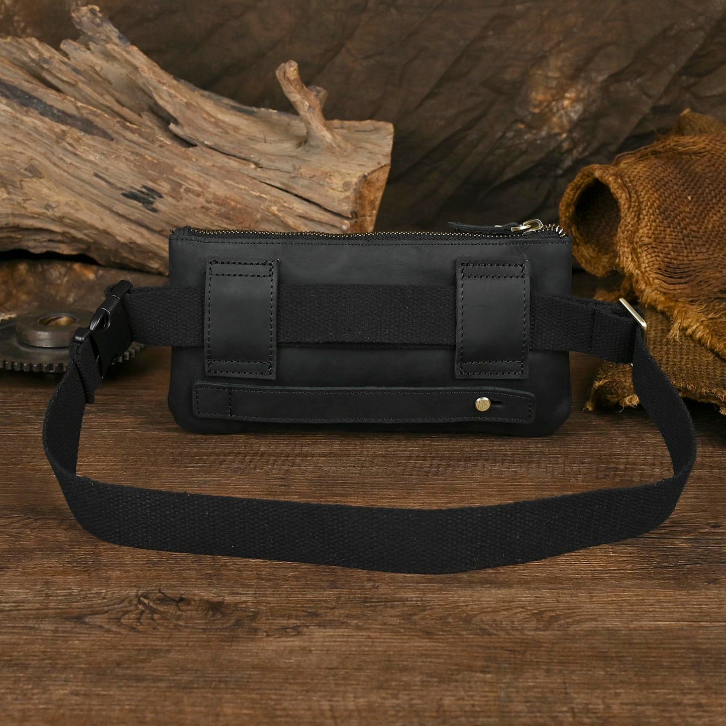 Handadsume Water Resistant Canvas + Leather Hiking Riding Travel Fanny Waist Pack Small Phone Pouch For Men Women FB811-29 (100% Leather-Thick Black)