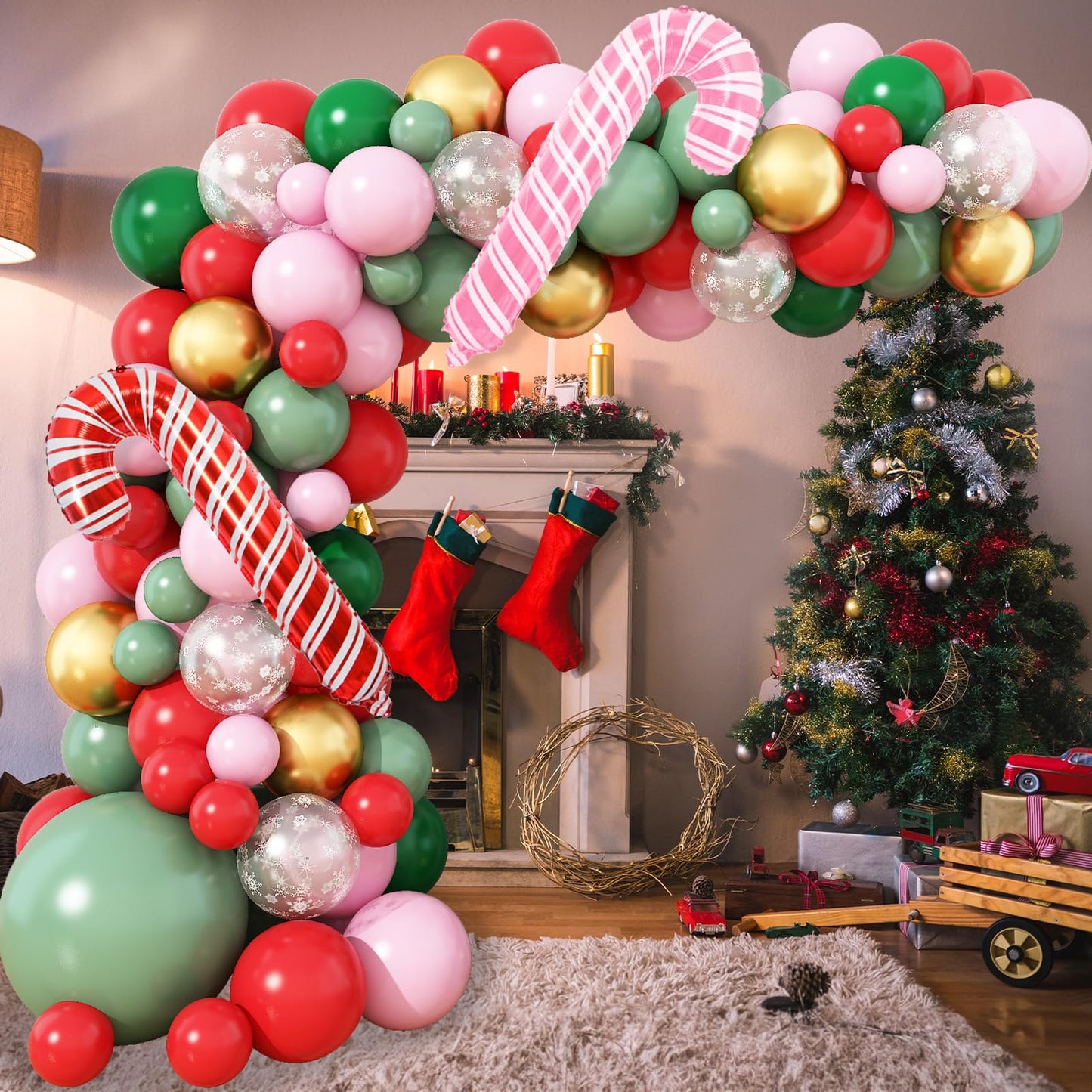Christmas Balloon Garland Arch kit for Girls, Dark Sage Green Pink Red Gold Snowflake Xmas Balloon Arch with Red Pink Candy Cane Foil Balloons Set for Women New Year Holiday Birthday Party Decorations