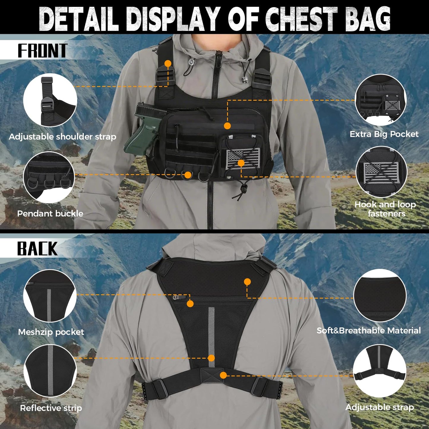 koculemi Outdoor Sports Chest Bag for Men, Chest Vest Holster Fits Most Pistols, Adjustable EDC Travel Chest Pack for Running, Hiking, Workouts (Camo)