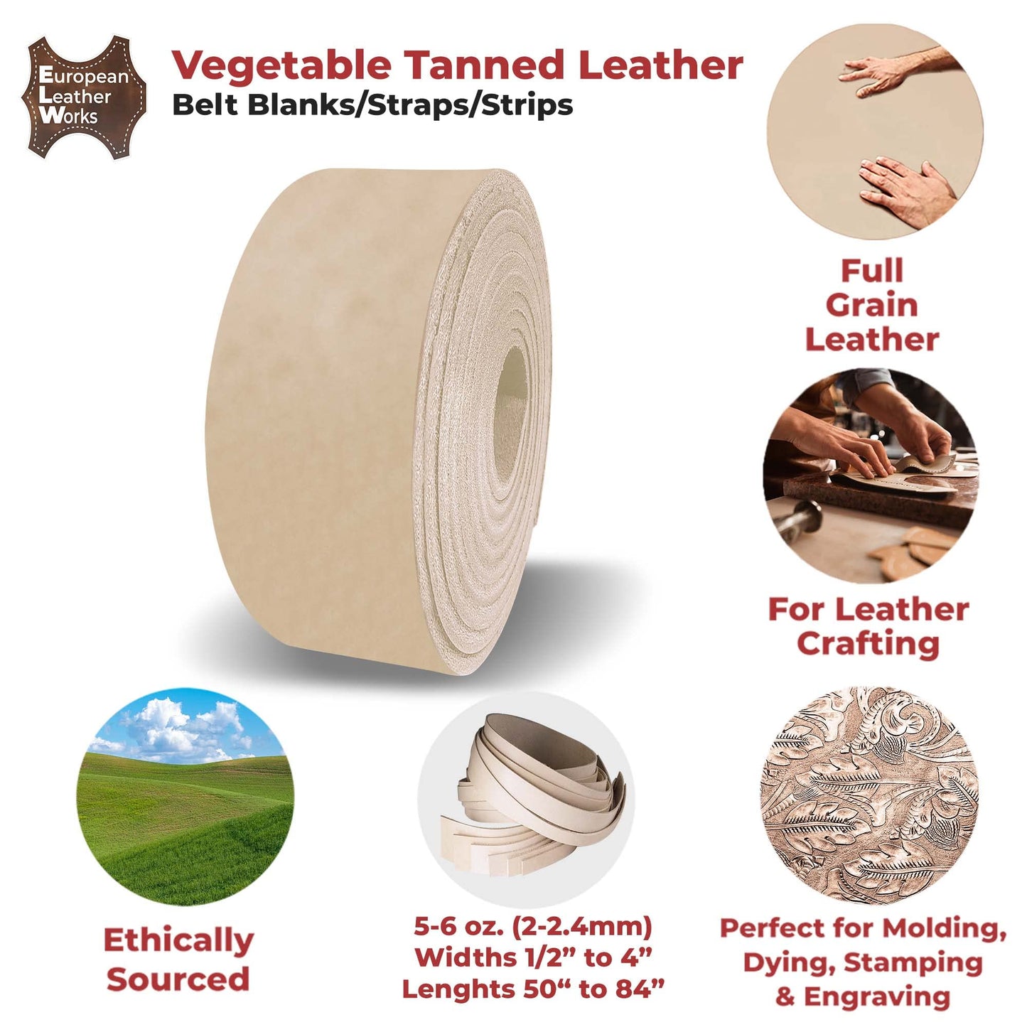 ELW Leather Blank Belt | 5-6 Oz. (2-2.4mm) Thickness | Size: 1-1/2"x60" (3.81x152cm) | Cowhide Vegetable Tanned | Full Grain Strip, Strap | Ideal for DIY Belts for Tooling, Crafting, Stamping, Dyeing