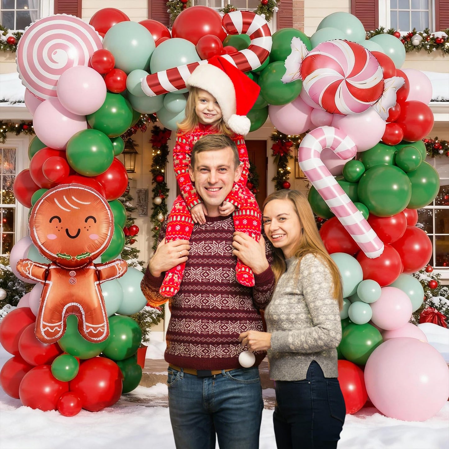 Christmas Balloon Garland Arch Kit, 115 PCS Xmas Balloon Decorations with Pink Red Green Latex Balloons Gingerbread Man Foil Balloons Candy Cane House Helium for Kids Christmas New Year Party Supplies