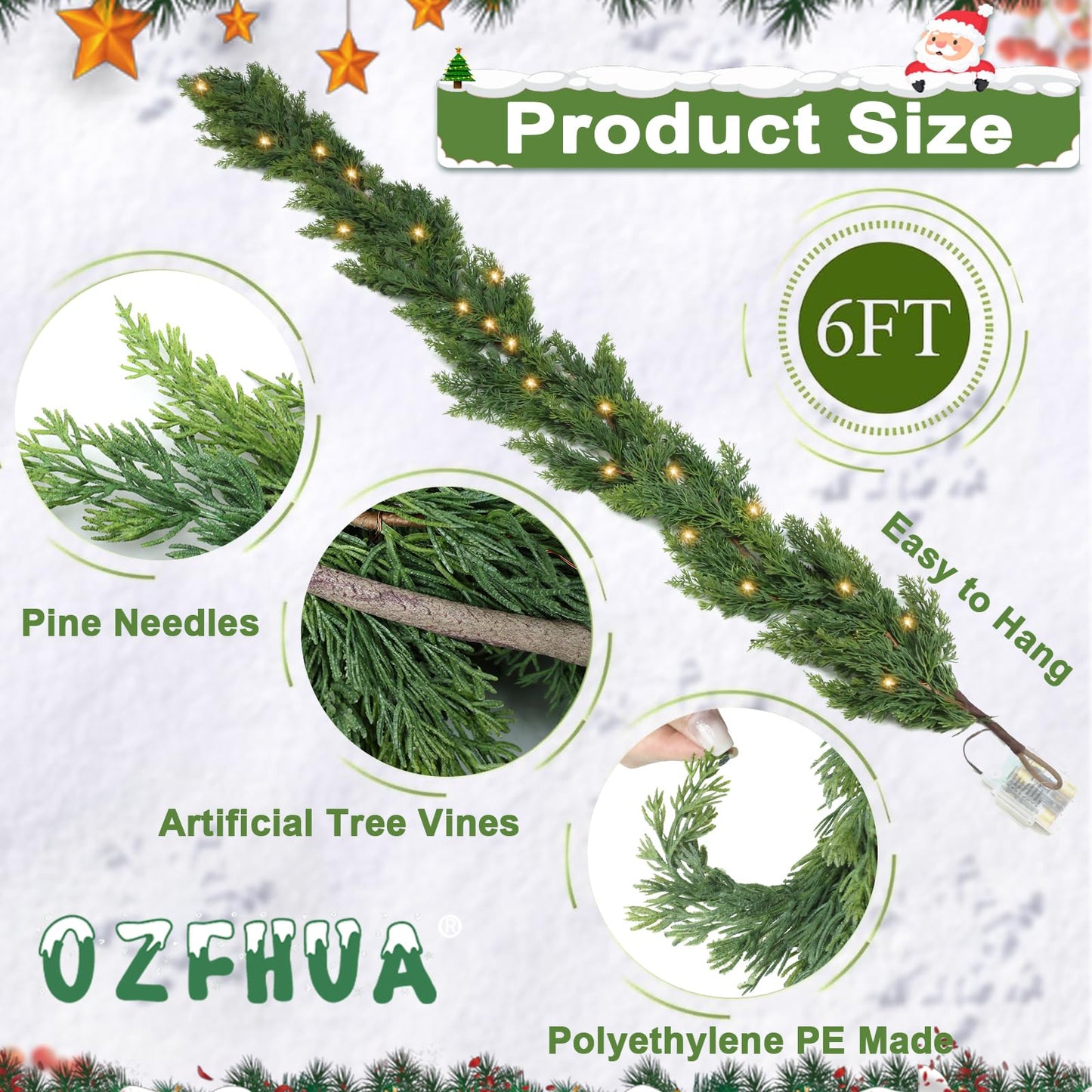 OZFHUA 6 FT Christmas Garland Pine Garland with Lights for Table Mantle Background Christmas Decorate Wall Room Outdoor Indoor Winter Decoration