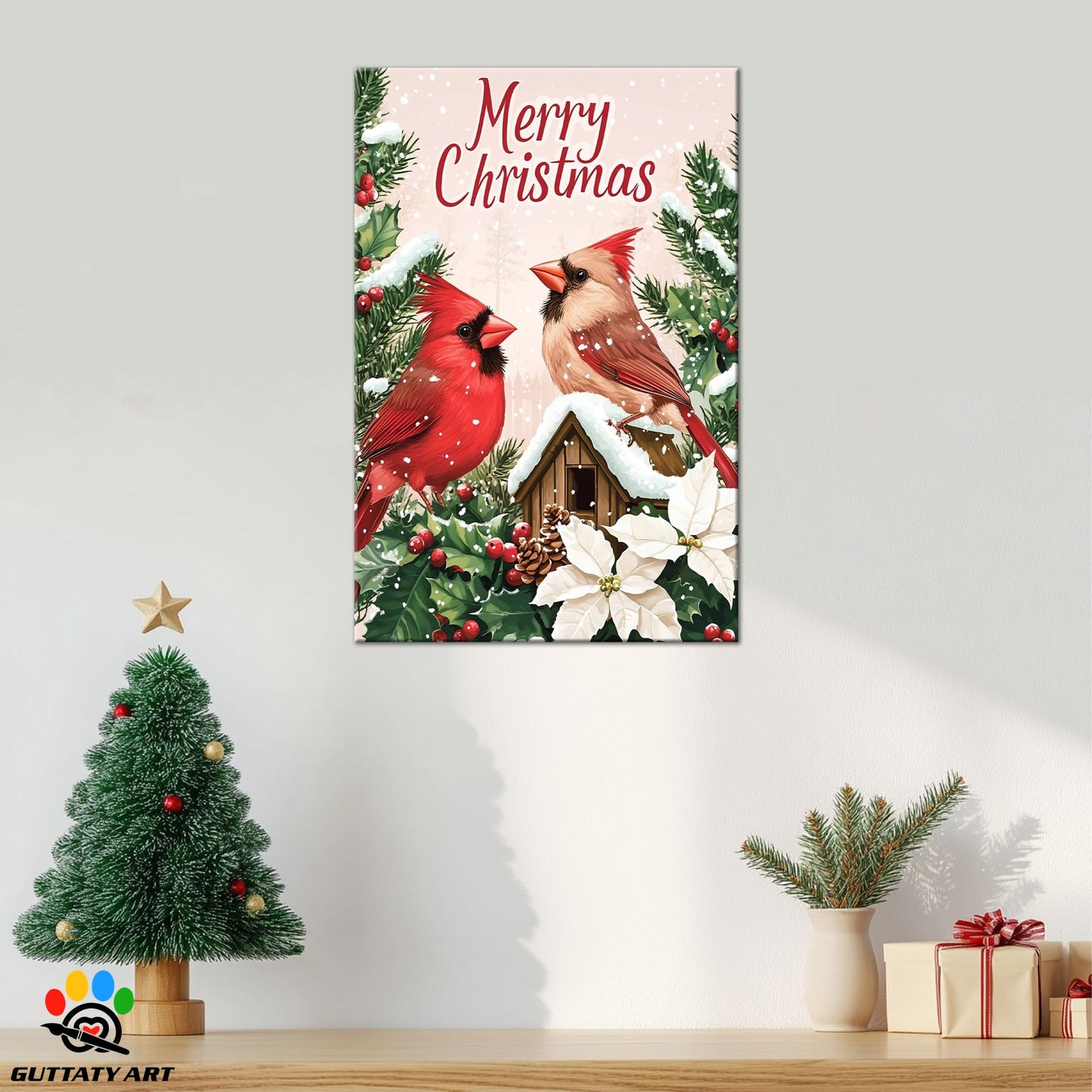 GUTTATY Christmas Canvas Wall Decor, Robin Christmas Decoration Wall Art, Merry Christmas Sign Xmas Artworks, Christmas Theme Wall Pictures Framed for Living Room, Bedroom 18x24 Inch