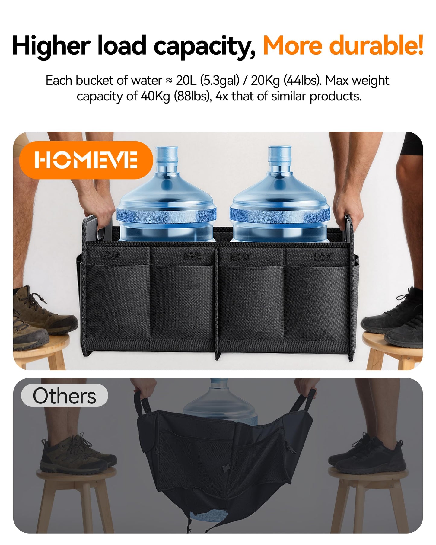 Homeve Trunk Organizer, Car Storage, Reinforced Handles, Collapsible Multi-Compartment, Foldable, Waterproof, Sturdy, 600D Oxford Polyester For Car, SUV, Mini-Van, Black, 2 Compart